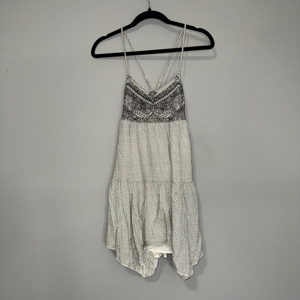 American Eagle Outfitters XXS White Black Embroidered Handkerchief Mini Dress